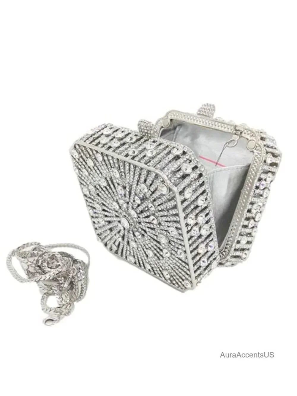Mini Square Rhinestone Clutch Purse with Detachable Chains, Heavy Crystal